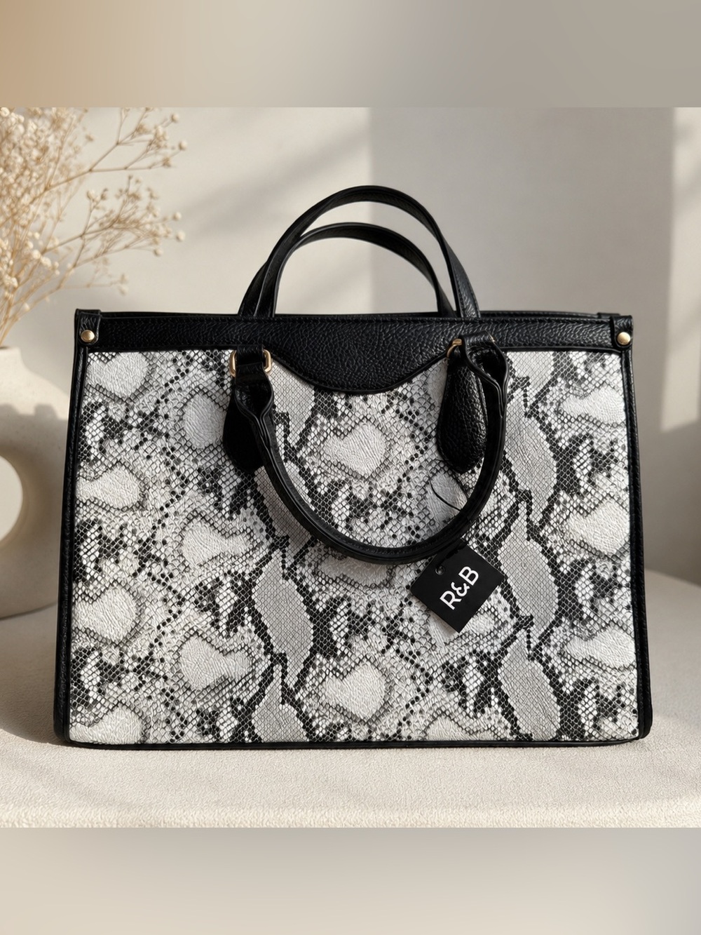Black & White Snake-Print Tote Bag